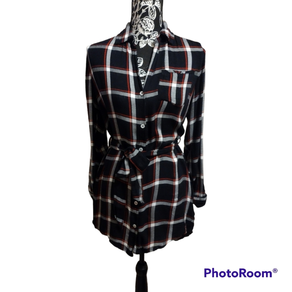 Blue Rain Francesca’s Plaid Flannel Shirt Dress Tie Waist